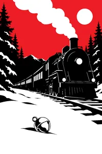 A steam train stopped in a snowy forest at night, every carriage window lit and empty, a single silver sleigh bell lying in the snow beside the track.