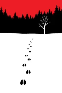 Deep footprints of a deer trailing away across a snowy meadow and stopping, a single bare tree at the edge of a dark forest.