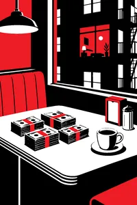 Four stacks of cash on a diner table beside a coffee cup, with a window across an airshaft showing a lit apartment.