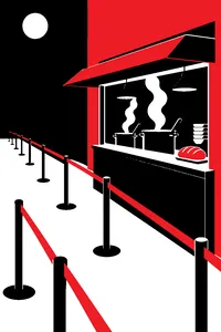 A small soup counter window with steaming pots, ladles and a single loaf of bread at the end of a long empty line.