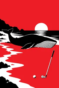 A beached whale on a gray shore at dusk with a single golf ball on the sand and a golf club stuck upright nearby.