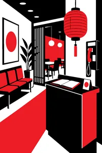 A restaurant waiting area with a host podium, a reservation book, a red lantern and a pay phone on the wall.