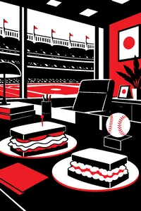 A Yankee Stadium front office desk with a turkey sandwich, a chicken salad on rye and a baseball on a stand.