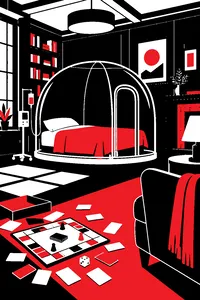 A plastic medical bubble over a bed in a wood-paneled den, a board game and question cards scattered on the floor.
