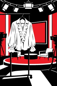 A billowing white ruffled pirate shirt on a hanger in front of a television studio set with two empty chairs.