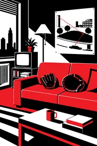 A baseball glove and a first baseman's mitt on a couch in a 90s apartment, a grassy knoll diagram pinned to the wall.