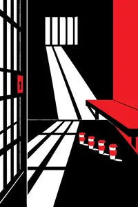 A small-town jail cell with a bench and four empty paper coffee cups lined up on the floor.
