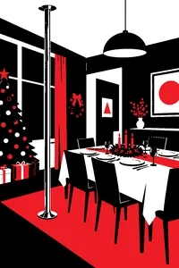 A bare aluminum pole standing in a living room next to a dinner table set for a holiday meal.