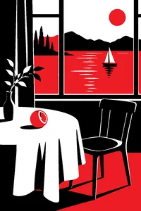 An orange on a white tablecloth beside an empty chair, a boat on a grey lake visible through the window behind it.