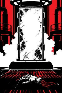A frozen slab of carbonite standing in a steam-filled industrial chamber, a single severed mechanical hand on the grate below.