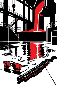 A pool of silver liquid metal on a factory floor reflecting orange molten steel, a pair of sunglasses and a shotgun beside it.