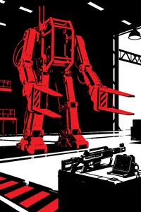 A yellow industrial power loader standing in a dim hangar, a pulse rifle and a motion tracker on a crate beside it.