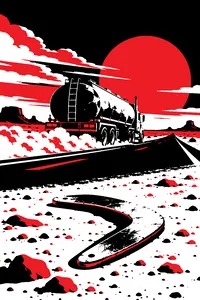 A battered fuel tanker roaring down an empty desert road under a huge sky, a steel boomerang lying in the dust in the foreground.