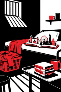A pink prison laundry pile beside a stack of marmalade sandwiches on a tin tray, a pop-up book of London open on the cot.
