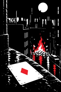 A playing card lying face-up on a wet Gotham-style rooftop at night, a burning pile of cash in the street below.