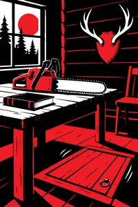 A chainsaw resting on a cabin table next to an old leather book and a mounted deer head, a cellar trapdoor rattling in the floor.