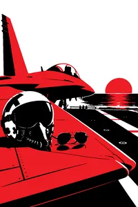 A pilot's helmet and aviator sunglasses on the wing of a grey fighter jet parked on an aircraft carrier deck at sunset.