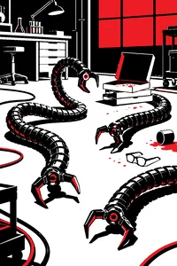 Four mechanical tentacle arms coiled on a cluttered laboratory floor, a stack of pizza boxes and a pair of glasses beside them.