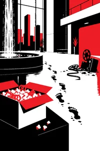 A cardboard box of glowing snacks in a sleek corporate skyscraper lobby, wet footprints leading from a fountain to a broken film projector.