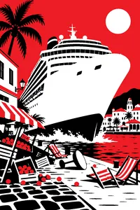 A giant white cruise ship plowing slowly into a Caribbean harbor town, deck chairs and fruit stands scattered in its path.