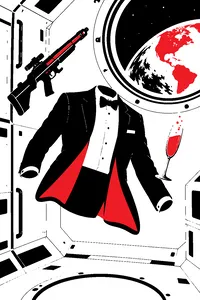 A tuxedo jacket floating in zero gravity inside a white space station, a laser rifle and a champagne glass drifting beside it, Earth in the window.