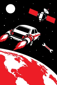 A small rocket-powered car with taped-on boosters drifting in Earth orbit, a satellite ahead of it and a garage wrench floating alongside.