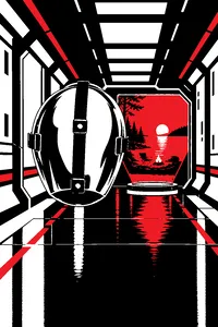 A hockey mask made of chrome floating in a spaceship corridor, a holographic lakeside campsite glowing at the end of the hall.