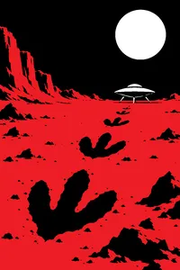 A rocky purple alien planet surface under a dark sky, giant three-toed footprints in the dust leading toward a small flying saucer.