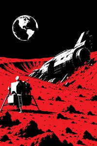 A lunar module standing on grey moon dust beside an enormous crashed metal ship half-buried in a crater, Earth hanging in the black sky.