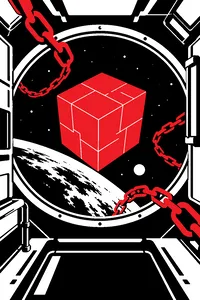 A gold puzzle cube floating in the window of a steel space station, hooked chains drifting in zero gravity around it.