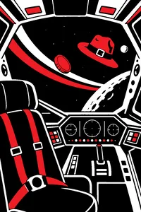 A single gold coin and a buckled green hat floating inside a cramped spaceship cockpit, a rainbow refracting off the control panel.