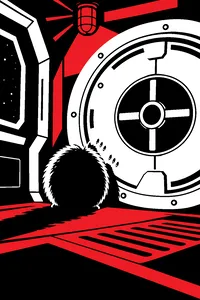 A round furry ball with tiny teeth marks on a sealed escape pod hatch inside a dim metal space station, red emergency light flashing.