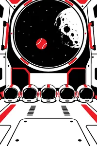 Five tiny dog-sized space helmets lined up on the floor of a rocket capsule, a tennis ball floating in zero gravity above them, the Moon in the window.
