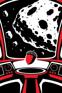 A single acorn floating inside a frosted flying saucer cockpit, a large asteroid filling the windshield.