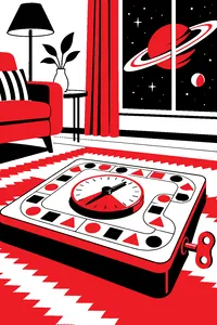 A tin wind-up board game with a spinning dial on a living-room rug, the window behind it showing stars and a ringed planet.