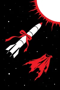 A nuclear missile tied with a red ribbon drifting toward the sun, a torn red cape floating in the black space nearby.