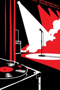 A lone microphone stand on a bright stage while a skipping vinyl record spins on a turntable in the wings.