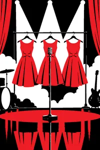 A 1960s girl-group stage with three empty matching dresses on hangers beside a vintage studio microphone.