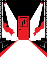 A spotlit fashion runway ending at a recording booth whose door is shut, a studio microphone glowing inside.