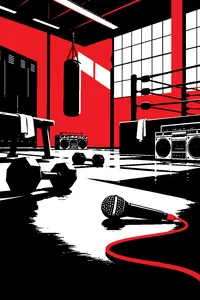 A sweaty 1990 gym full of boomboxes and dropped dumbbells, a single microphone cable trailing off-screen.