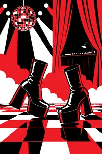 Platform boots mid-dance on a 1970s disco floor while a mixing desk glows behind a curtain.