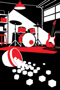 A cardboard cutout drum kit and guitar in a hand-drawn garage, a sugar bowl spilling across the floor.