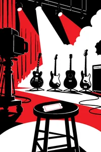 A vintage TV soundstage with four guitars on stands and a train ticket resting on a stool.