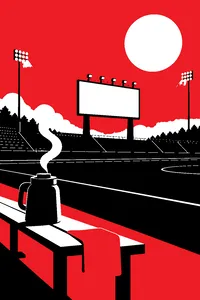 A stadium scoreboard glowing over an empty field as steam curls up from a kettle on the bench.