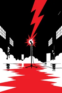 A lightning bolt striking a microphone on a stand in an empty concrete warehouse.