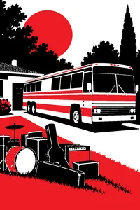 A brightly painted 1970s tour bus parked in a suburban driveway with instruments stacked untouched on the lawn.