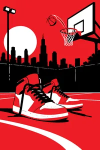 A pair of gleaming gold high-top sneakers on an outdoor basketball court, a ball bouncing off the rim behind them.