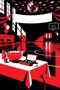 A high-school reunion gym with a banner, a punch bowl and a white box of chocolates left on a folding table.