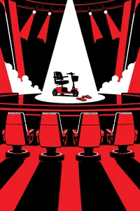 Four big red swivel judges' chairs turned away from a stage where a mobility scooter and a pair of flip-flops sit under a spotlight.
