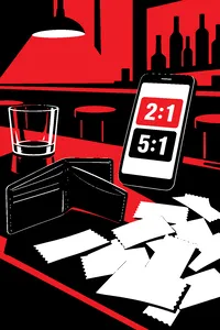 A smartphone on a bar counter showing glowing betting odds, next to an empty wallet and a pile of losing tickets.